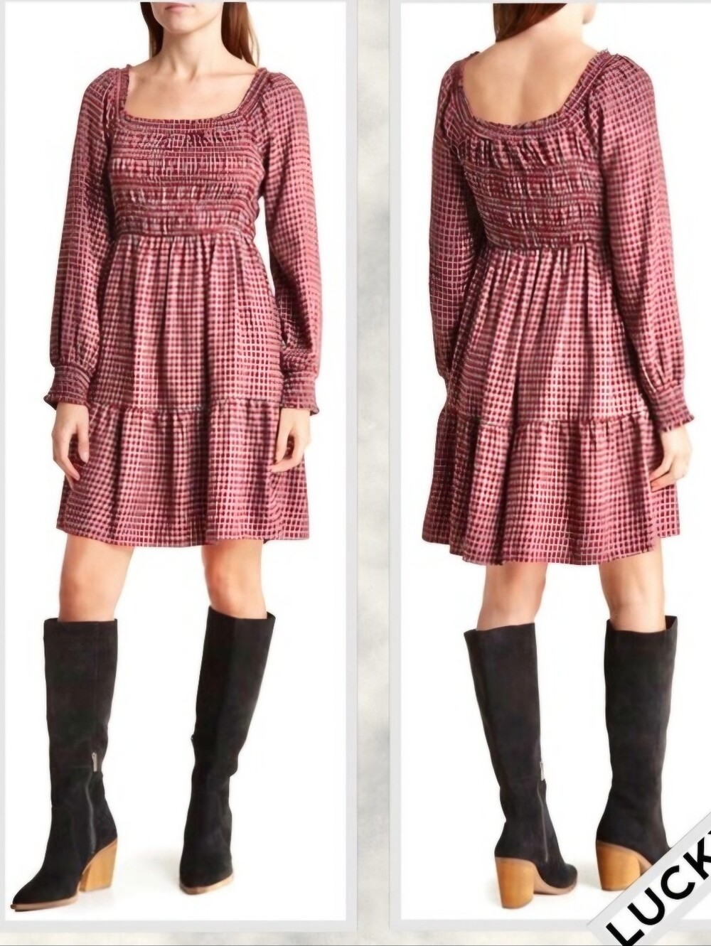 Lucky Brand Smocked Plaid Babydoll Dress Long Sleeve Boho Peasant